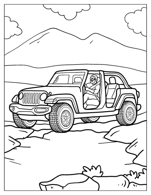 Muž řídí Jeep po nezpevněné terénní cestě.