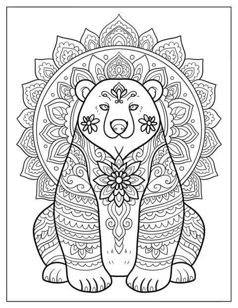 Um urso-polar elegante está decorado com padrões florais em forma de mandala.