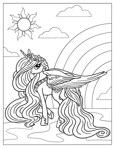Una princesa unicornio alada posa en una escena mágica.