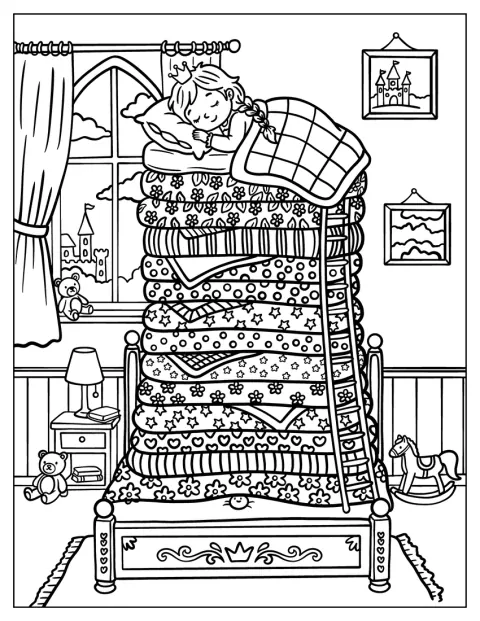 Une princesse dort au sommet d’une haute pile de matelas dans un château.