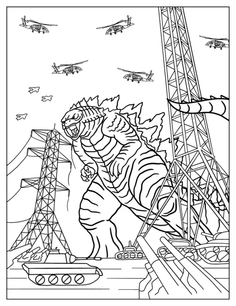 Militæret angriber Godzilla, mens han står midt i byen.