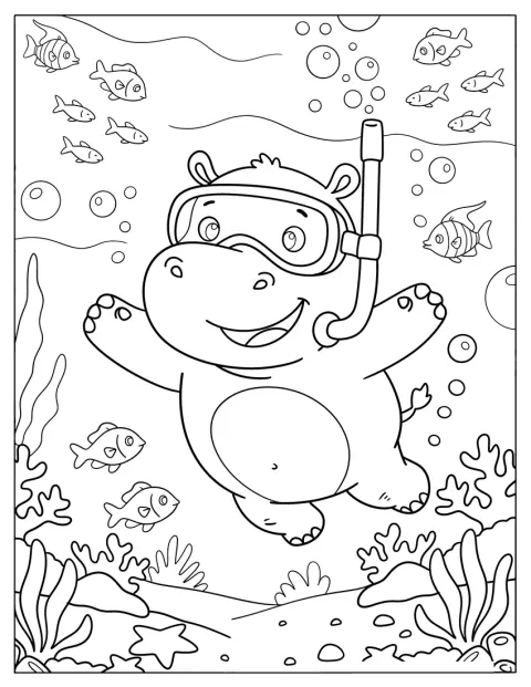 Ein Nilpferd schnorchelt unter Wasser zwischen Fischen und Pflanzen.