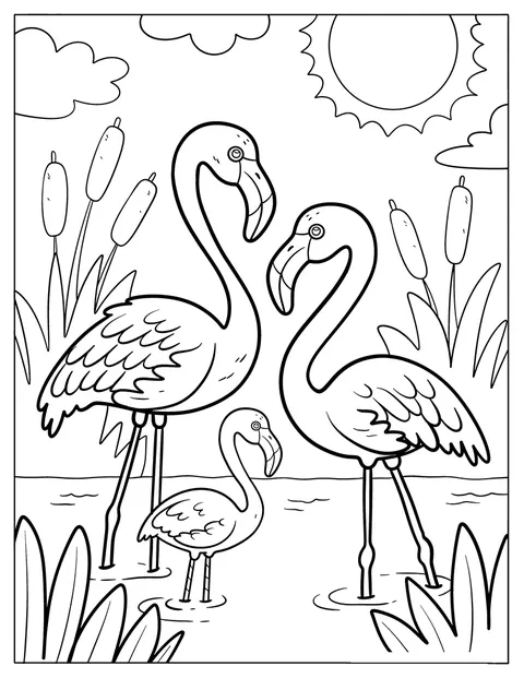 Eine Flamingofamilie versammelt sich am Teich.