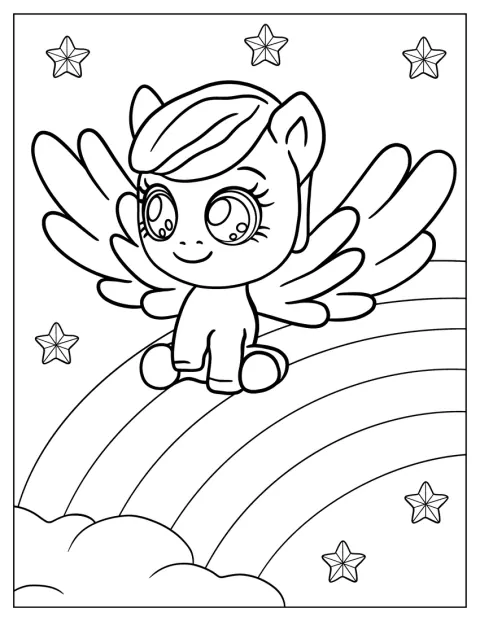 En ponny från My Little Pony sitter på en regnbåge.