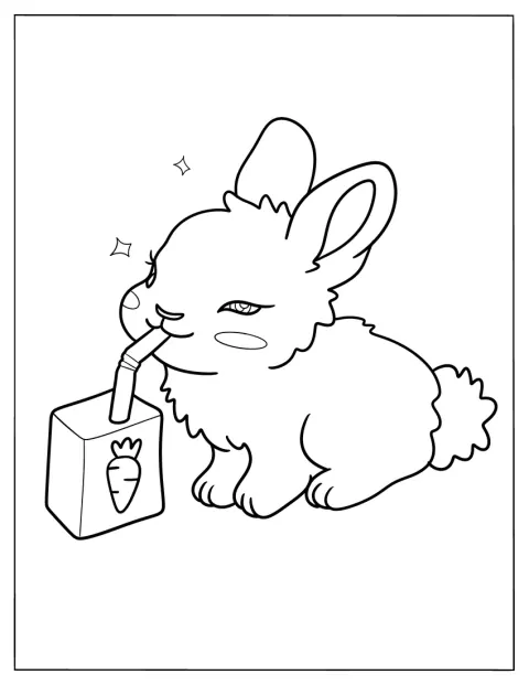 Un conejito peludo bebe zumo con una pajita de un brik.