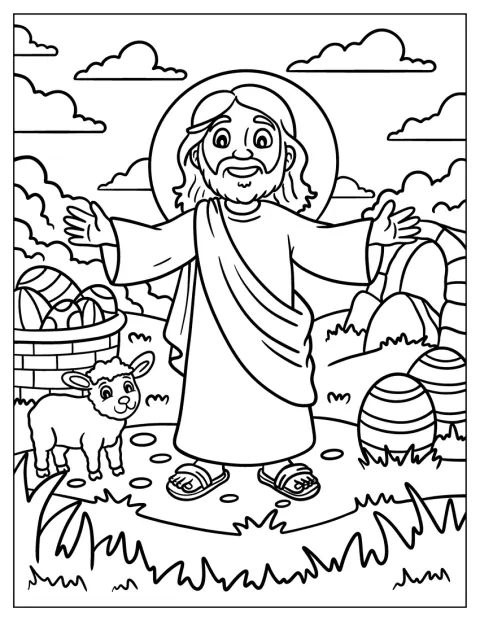 Cartoon Jesus Surrounded by a Sheep and Easter Eggs Coloring Page for Kids