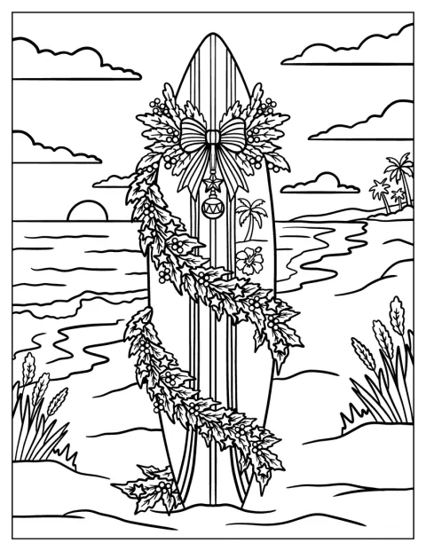Une planche de surf décorée d’une couronne se trouve sur la plage.