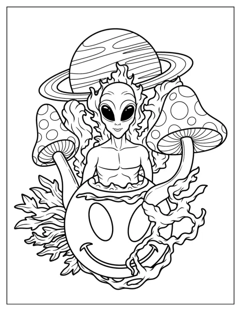 Trippy Alien Coloring Page Surrounded By Mushrooms With Planet At The Back
