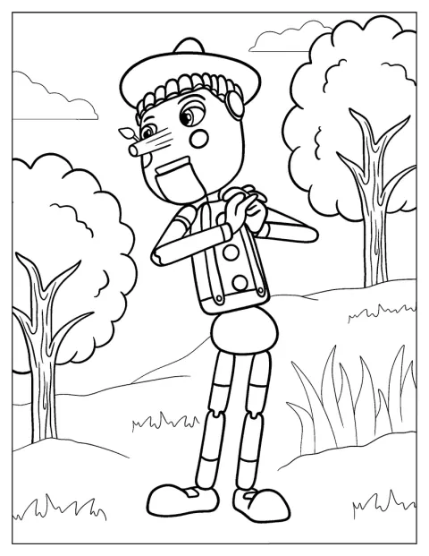 Pinocchio ze Shreka stojí v charakteristickém oblečení.