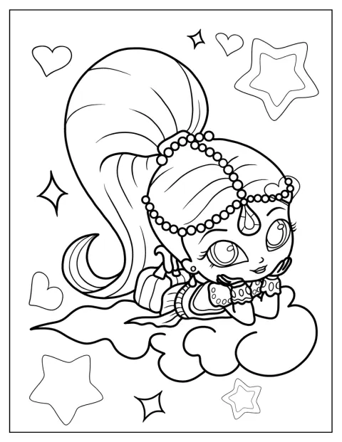 Dans un style mignon, Shimmer est assise sur un nuage.