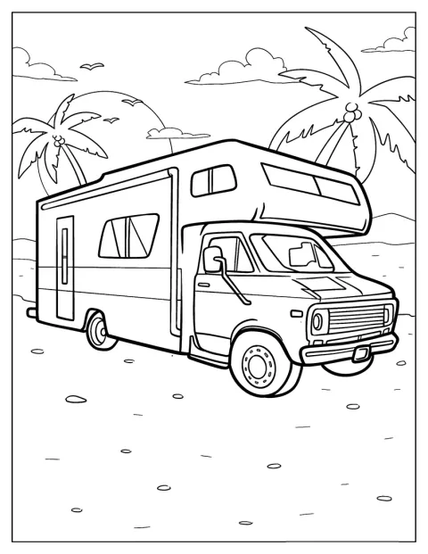 Un camping-car classique est stationné près de la plage.