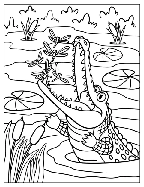 Un coccodrillo buffo insegue libellule nell’acqua del fiume.
