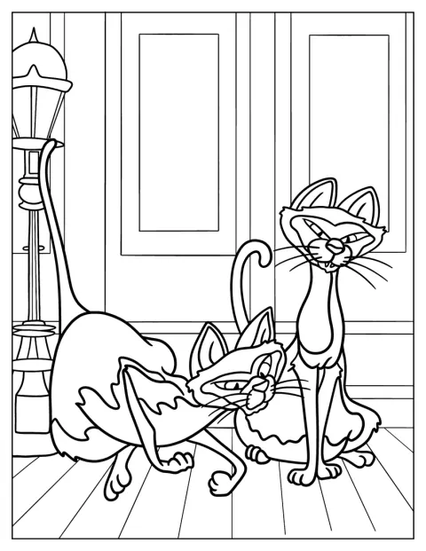 De siamesiske katte Si og Am står side om side.