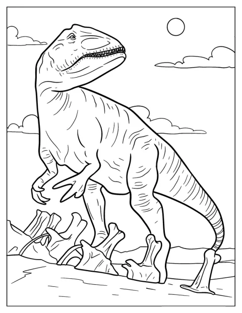 Un Allosaurus masiv răcnește deasupra unor schelete de pe pământ.