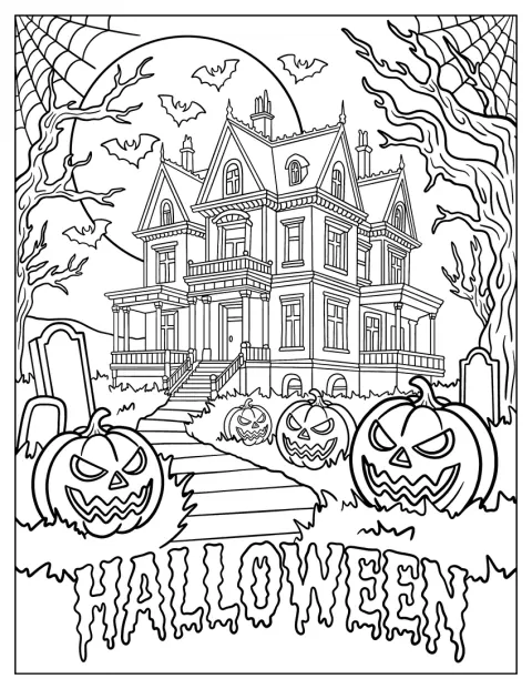 Una dimora infestata si staglia dietro lanterne di Halloween illuminate.