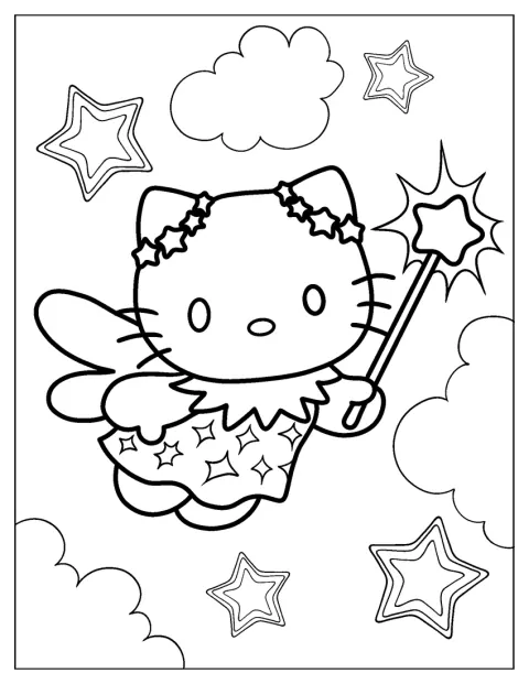 Hello Kitty har älvvingar och en söt kawaii-stil.