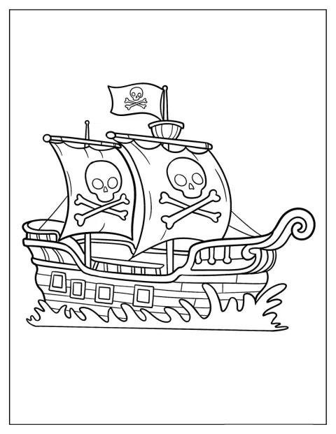 Una nave pirata in stile cartone animato galleggia sull'acqua.