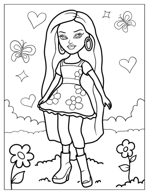 Bratz Raya porte une robe ornée de fleurs.