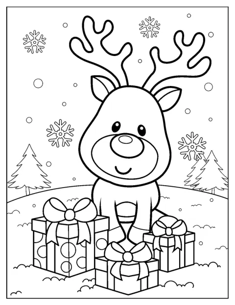 Roztomilý Rudolph stojí vedle vánočních dárků.