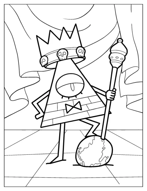 Bill Cipher draagt een kroon en houdt een scepter vast.