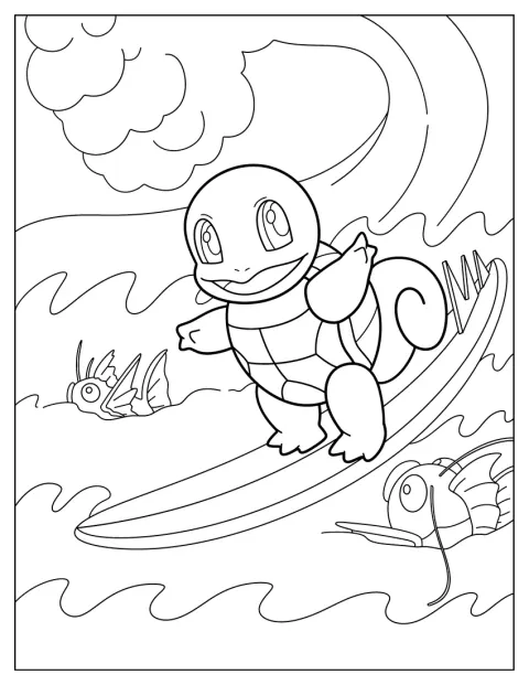 Squirtle surfer på bølgerne sammen med Magikarp.