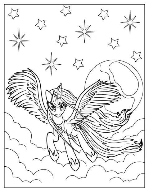Princezna Luna letí před zářícím úplňkem.