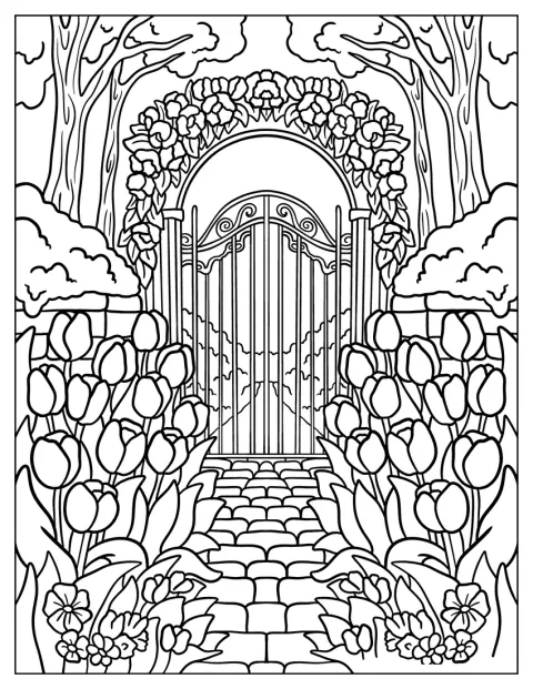 Un sentiero di pietra conduce a un cancello ad arco tra tulipani in fiore.