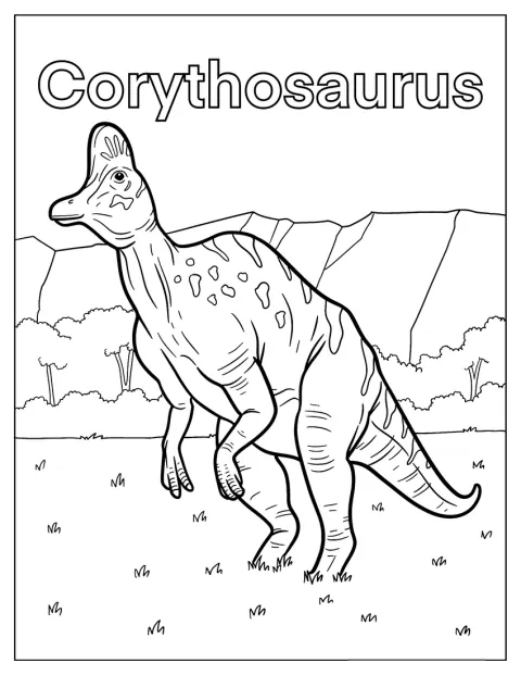 Korytozaur stoi na polanie przed skrajem lasu.