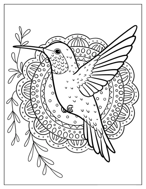 Ein niedlicher Cartoon-Kolibri fliegt vor einem verspielten Mandala.