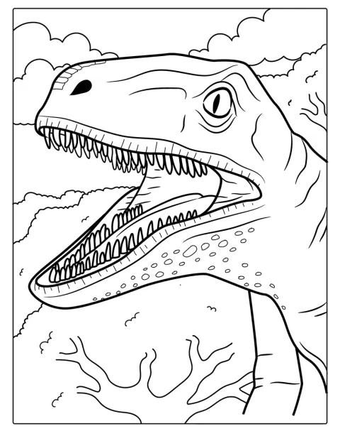 La cabeza de un Velociraptor muestra sus dientes afilados.