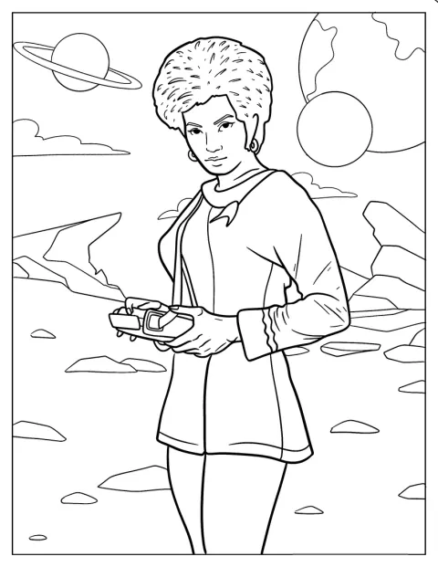 Nyota Uhura a kezében tart egy eszközt.