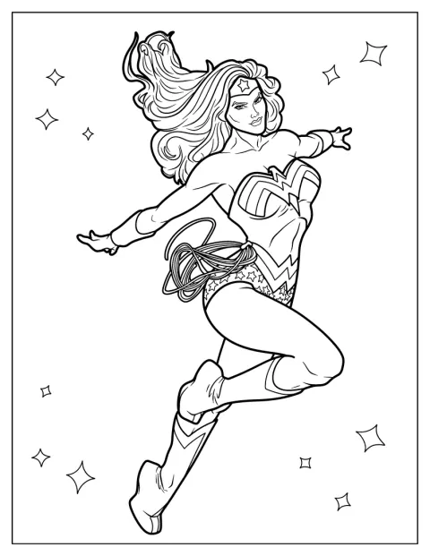 En el cielo, Wonder Woman vuela con los brazos extendidos.