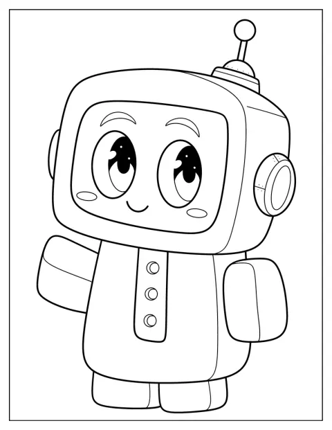 Ein niedlicher Chibi-Roboter mit einem Fernsehbildschirm als Kopf steht da.