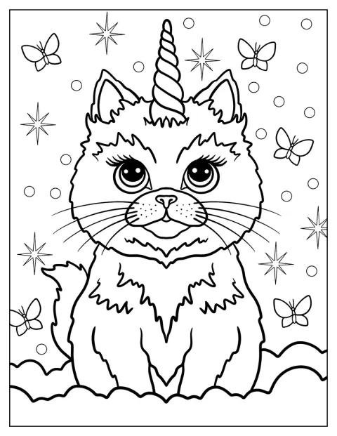 En lodden enhjørningkatt står blant glitrende stjerner og sommerfugler.