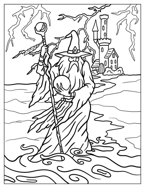 雷雨に見舞われた海の上で、魔法使いが立っています。
