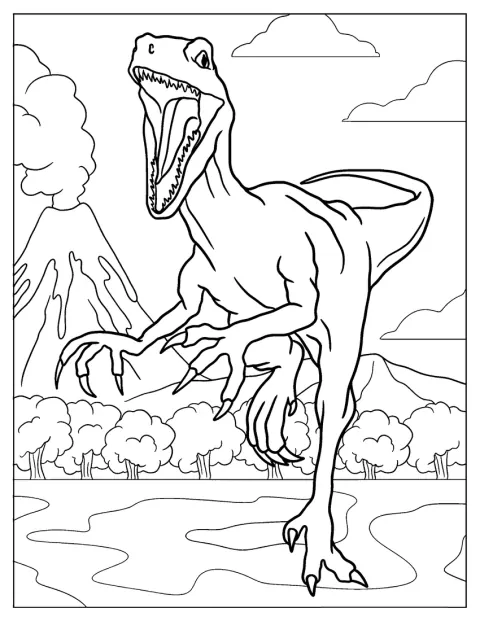 Ein Velociraptor aus Jurassic Park schreitet mit geöffnetem Maul voran.