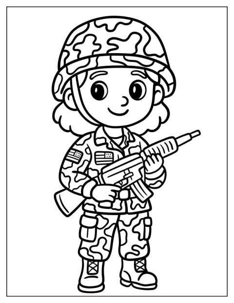 Eine Chibi-Soldatin hält ein Gewehr in den Händen.