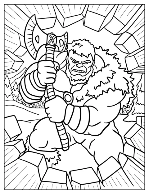 Hulk kantaa kirvestä ja pukeutuu karvaiseen viittaan.