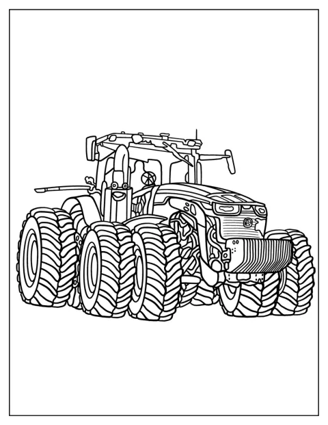 Egy John Deere traktor részletes körvonalrajza látható.