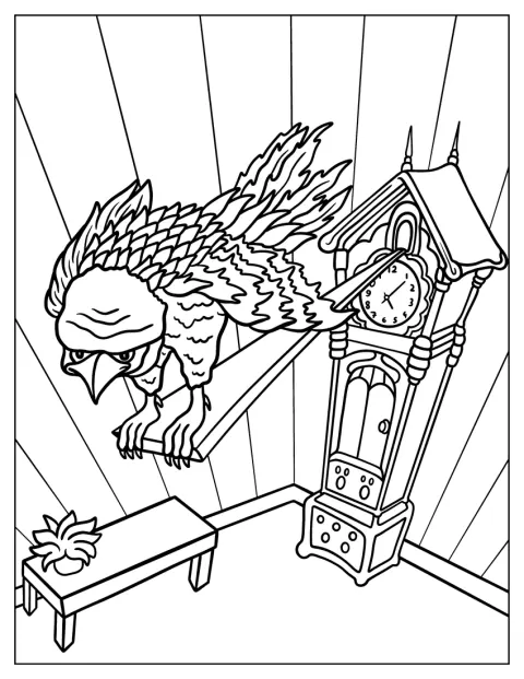 Une horloge à coucou inquiétante est représentée en détail.