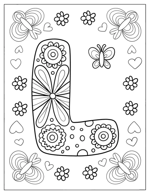 Flores e borboletas decoram a letra L em estilo hippie.
