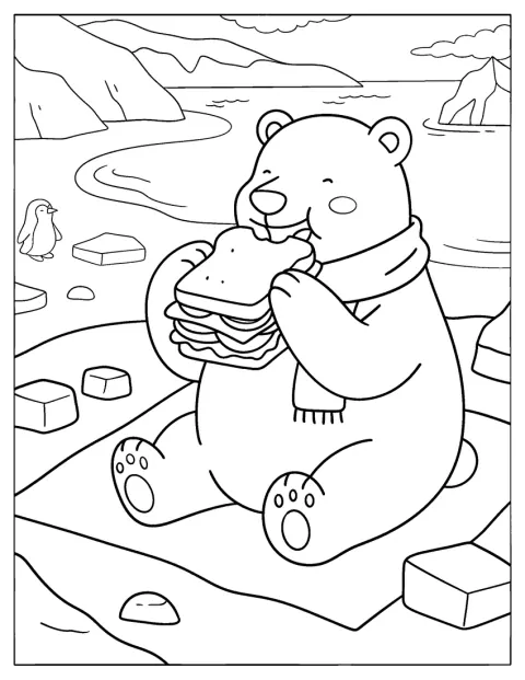 Un ours polaire affamé dévore un énorme sandwich.