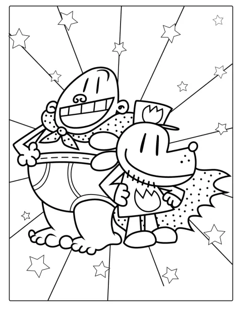Kapitan Majtas i Dog Man pojawiają się razem na ilustracji.