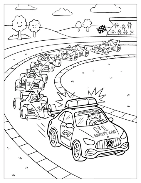 F1セーフティカーがサーキットで複数のレースカーを先導しています。