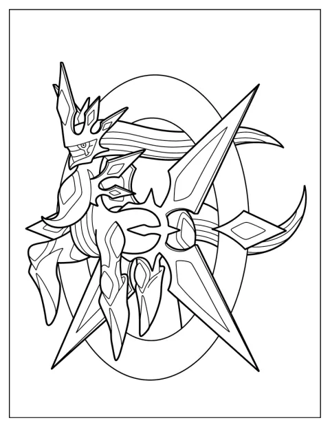 Arceus appare nella forma Mega primordiale, delineato con dettagli essenziali.