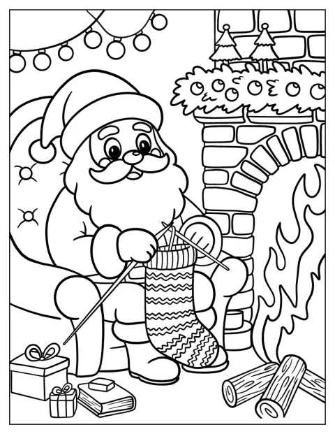 Joulupukki kutoo joulusukkaa takan lämmössä.