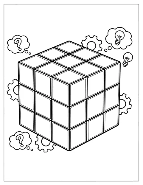 Un cub Rubik este înconjurat de rotițe și simboluri care sugerează idei.