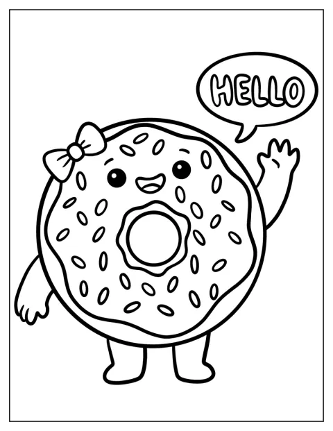 Una ciambella kawaii con un fiocco saluta con un allegro «ciao».