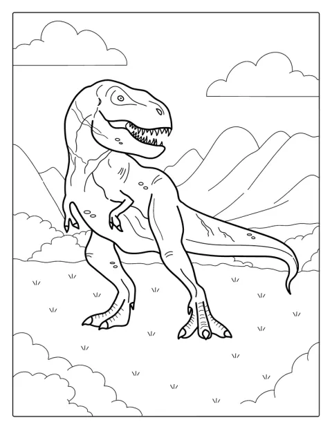 Tyranozaur ukazany jest z bliska, z widocznymi łuskami i ostrymi zębami.