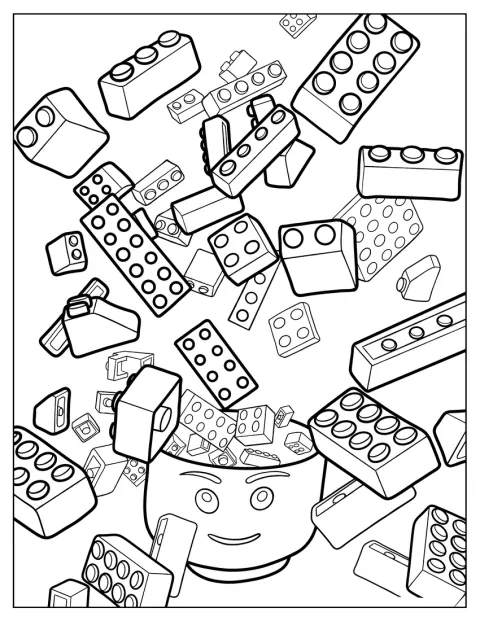 Várias peças de LEGO estão espalhadas.